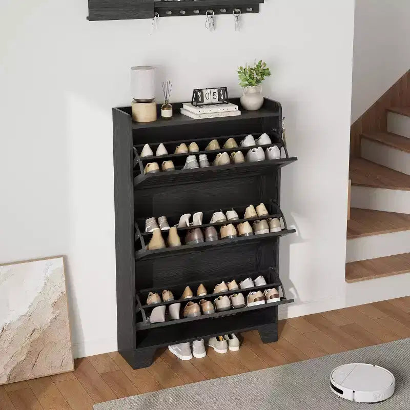 Shoe Cabinet Storage for Entryway, Slim Shoe Storage Cabinet with 3 Flip Drawers, Freestanding Hidden Narrow Shoe Organizer Cabinet with Hooks