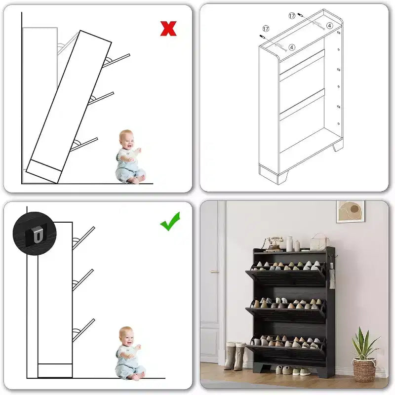 Shoe Cabinet Storage for Entryway, Slim Shoe Storage Cabinet with 3 Flip Drawers, Freestanding Hidden Narrow Shoe Organizer Cabinet with Hooks