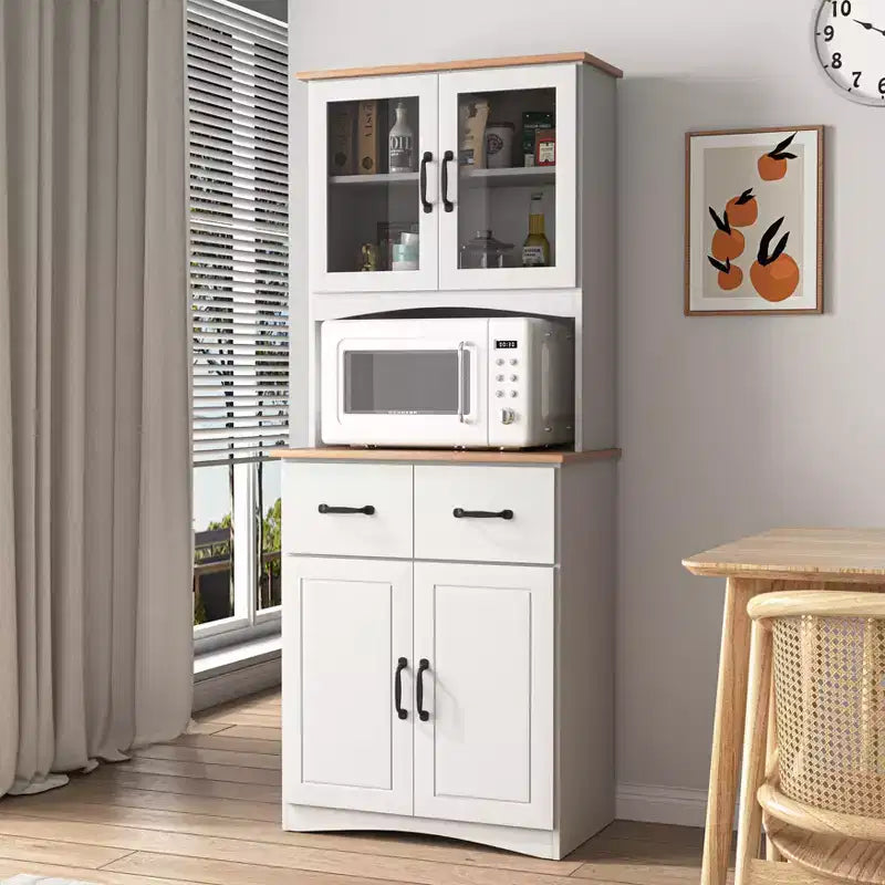 sumyeg Wooden Kitchen Pantry Cabinet with Glass Doors and Storage Drawer
