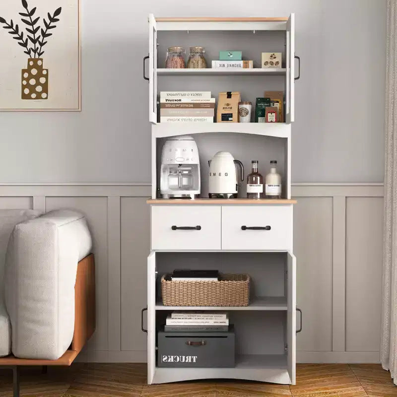 sumyeg Wooden Kitchen Pantry Cabinet with Glass Doors and Storage Drawer