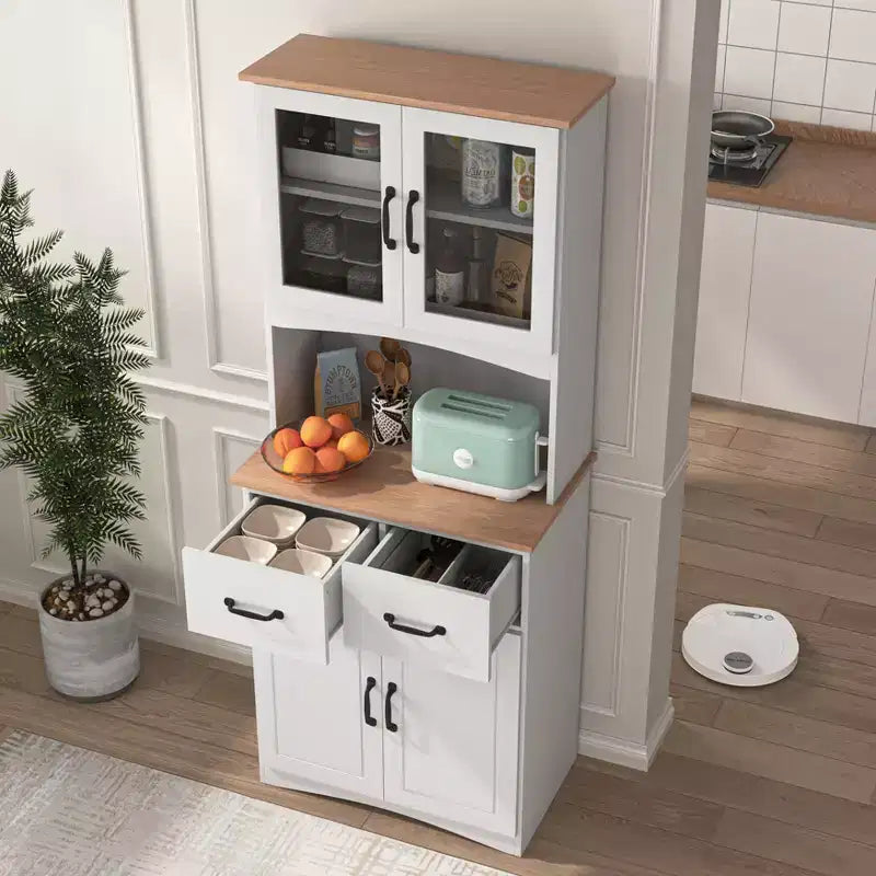 sumyeg Wooden Kitchen Pantry Cabinet with Glass Doors and Storage Drawer