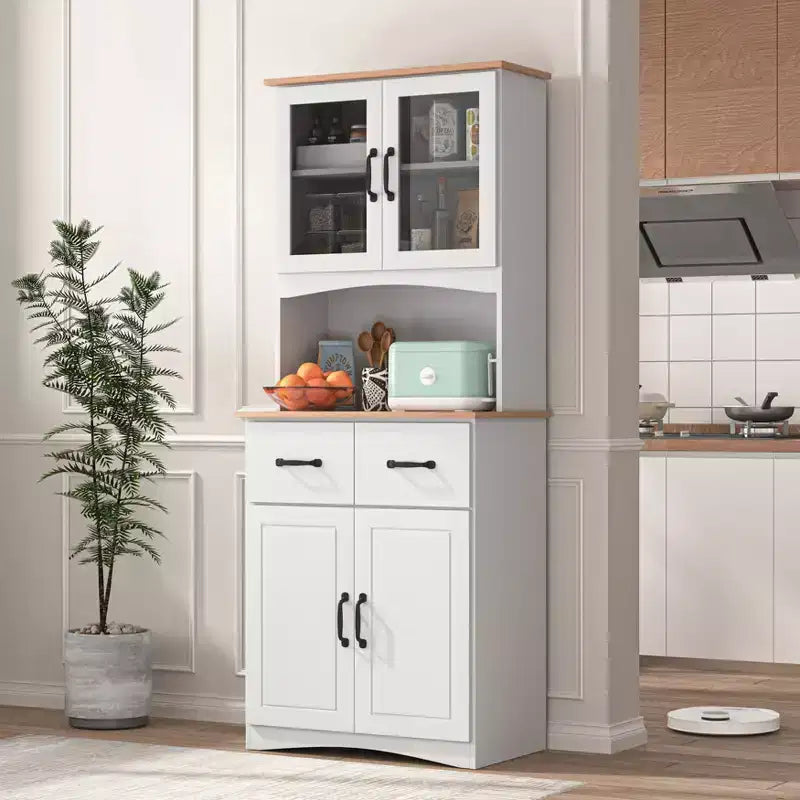 sumyeg Wooden Kitchen Pantry Cabinet with Glass Doors and Storage Drawer