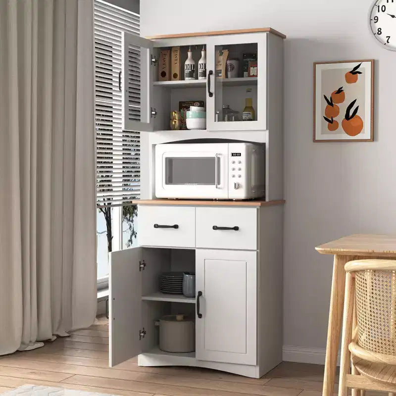 sumyeg Wooden Kitchen Pantry Cabinet with Glass Doors and Storage Drawer