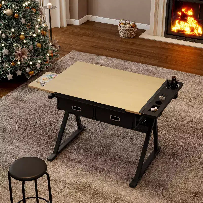 TUYOHW Adjustable Drawing Drafting Desk with 2 Drawers and Stool,Tiltable MDF Desktop 0-75Height Adjustable for Home Office,School,Studio
