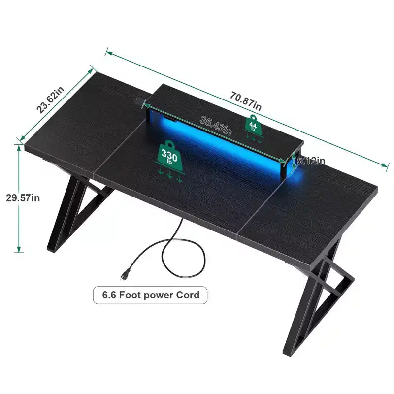TUYOHW Gaming Desk,Computer Desk with Monitor Riser,X-Frame,USB Charging Station,LED Light Strip,Thick Desktop Board,Writing Desk for Office