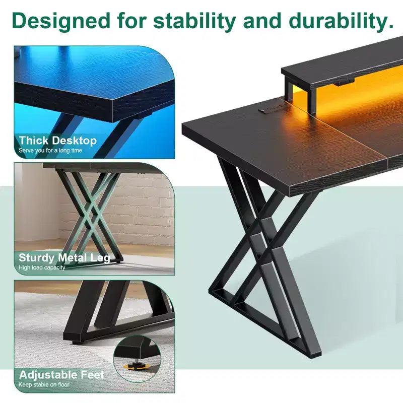 TUYOHW Gaming Desk,Computer Desk with Monitor Riser,X-Frame,USB Charging Station,LED Light Strip,Thick Desktop Board,Writing Desk for Office