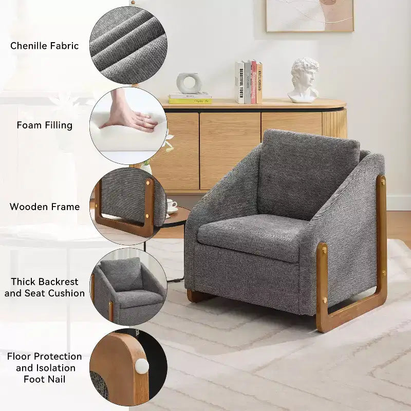 Fauteuil d'appoint moderne avec assise et dossier en chenille, canapé simple avec cadre latéral en bois, fauteuils d'appoint pour salon, chambre à coucher