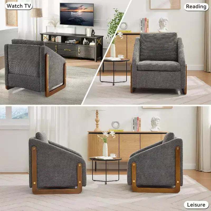 Fauteuil d'appoint moderne avec assise et dossier en chenille, canapé simple avec cadre latéral en bois, fauteuils d'appoint pour salon, chambre à coucher