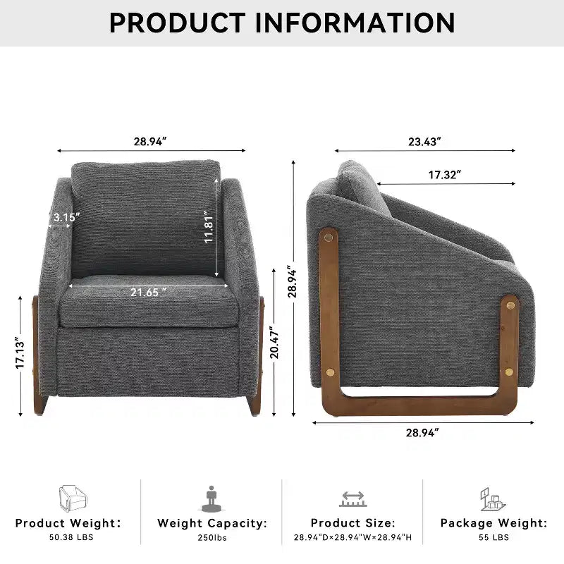 Fauteuil d'appoint moderne avec assise et dossier en chenille, canapé simple avec cadre latéral en bois, fauteuils d'appoint pour salon, chambre à coucher