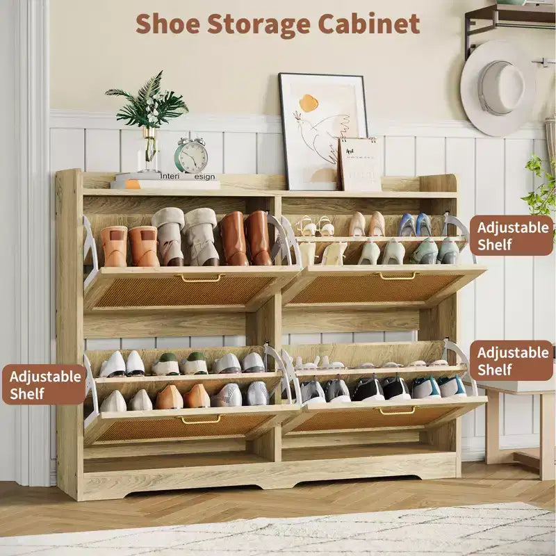 Farmhouse Rattan Shoe Storage Cabinet with Flip Drawers, Slim Wooden Shoe Organizer, Space Saving Entryway Cabinet