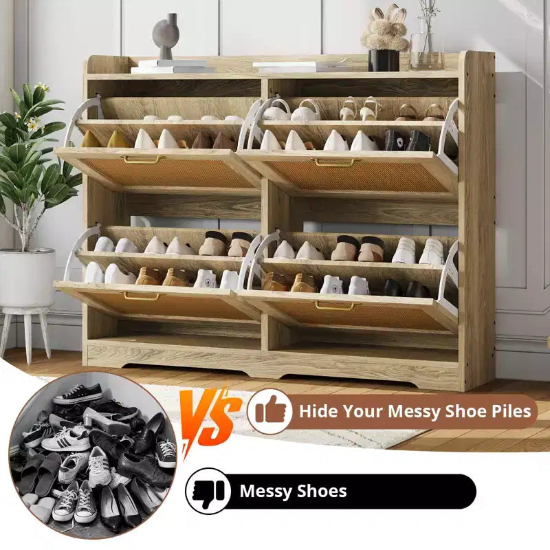 Farmhouse Rattan Shoe Storage Cabinet with Flip Drawers, Slim Wooden Shoe Organizer, Space Saving Entryway Cabinet