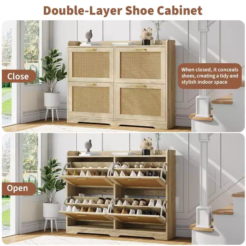 Farmhouse Rattan Shoe Storage Cabinet with Flip Drawers, Slim Wooden Shoe Organizer, Space Saving Entryway Cabinet