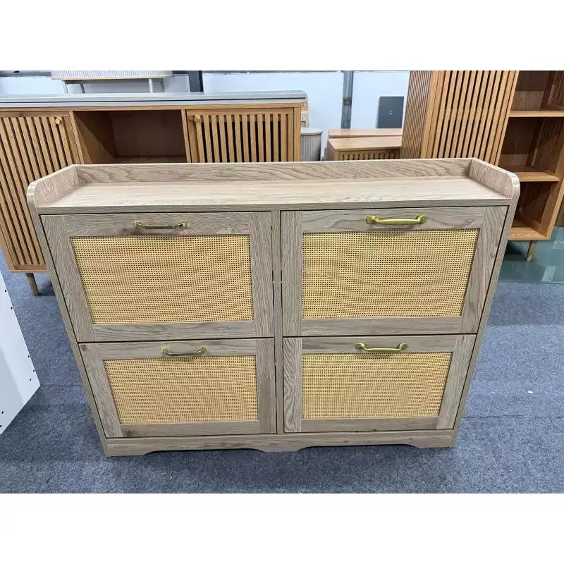 Farmhouse Rattan Shoe Storage Cabinet with Flip Drawers, Slim Wooden Shoe Organizer, Space Saving Entryway Cabinet