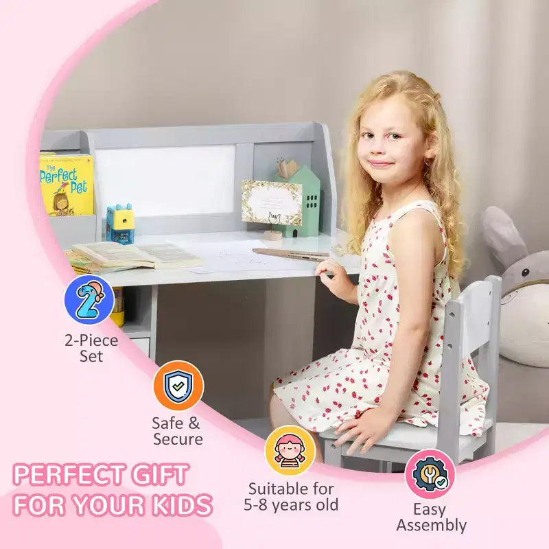 TUYOHW Toddler Desk and Chair Set,Kids Writing Desk with Whiteboard Top,Storage Cabinet,Children Study Table for Writing,Reading,Learning