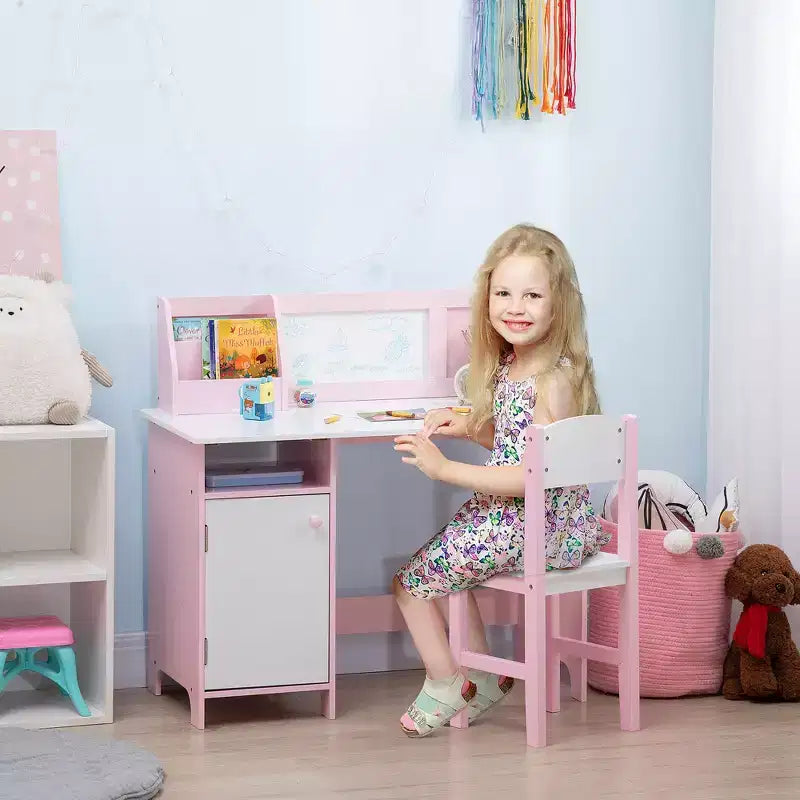 TUYOHW Toddler Desk and Chair Set,Kids Writing Desk with Whiteboard Top,Storage Cabinet,Children Study Table for Writing,Reading,Learning