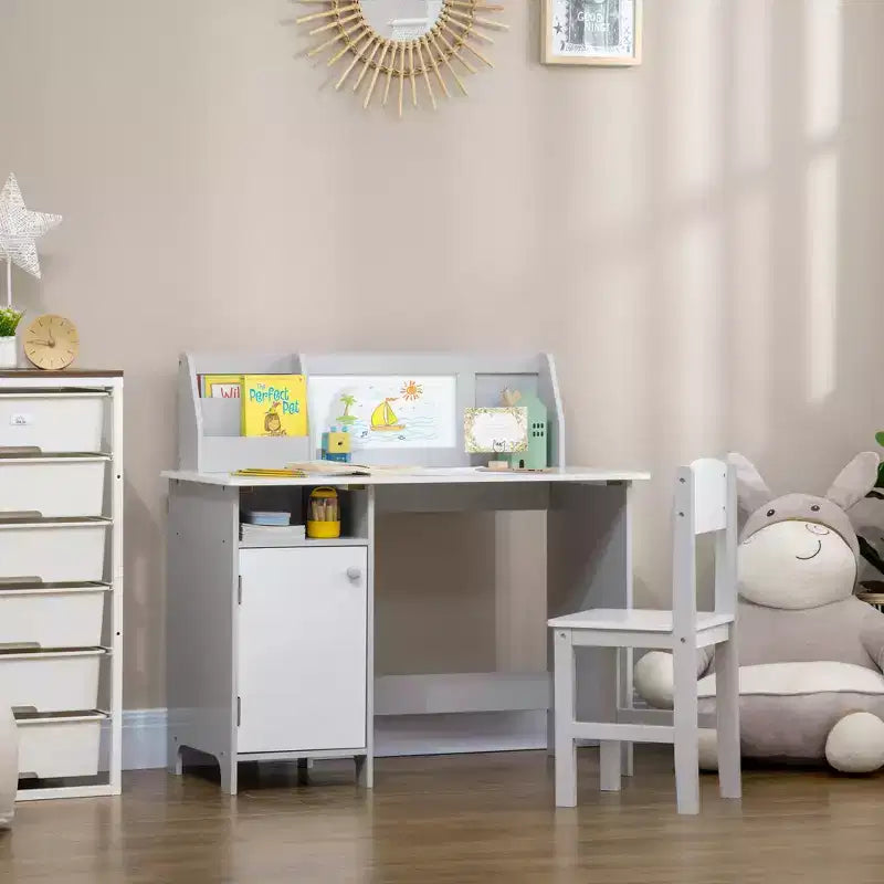 TUYOHW Toddler Desk and Chair Set,Kids Writing Desk with Whiteboard Top,Storage Cabinet,Children Study Table for Writing,Reading,Learning
