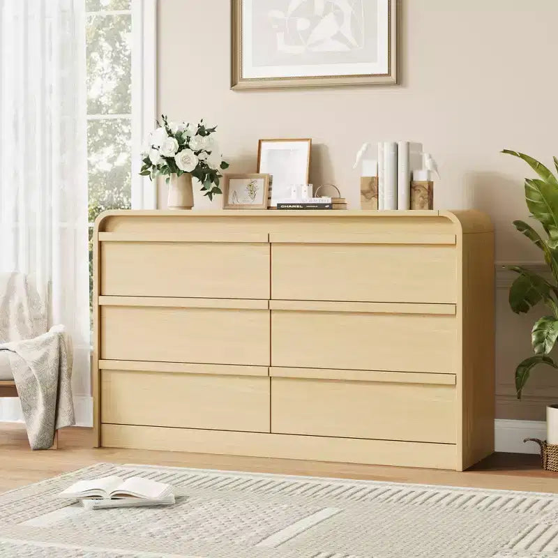 Arched 6 Drawer Dresser for Bedroom, 47in Wide Wooden 6 Chest of Drawers with Curved Design, Modern Closet Storage Cabinet for Living Room, Nursery