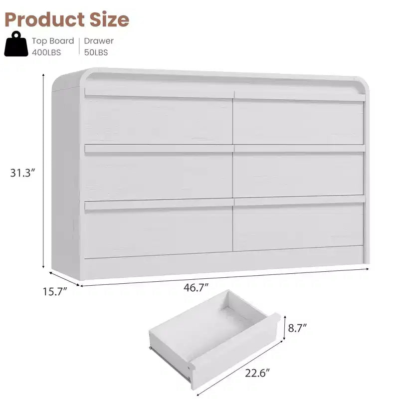 Arched 6 Drawer Dresser for Bedroom, 47in Wide Wooden 6 Chest of Drawers with Curved Design, Modern Closet Storage Cabinet for Living Room, Nursery