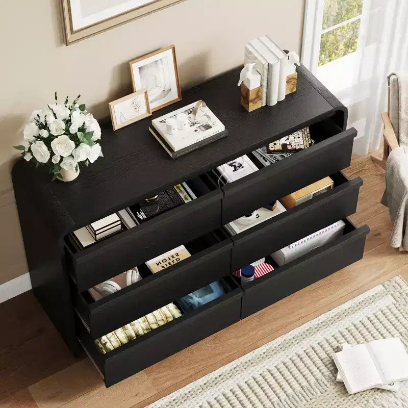 Arched 6 Drawer Dresser for Bedroom, 47in Wide Wooden 6 Chest of Drawers with Curved Design, Modern Closet Storage Cabinet for Living Room, Nursery