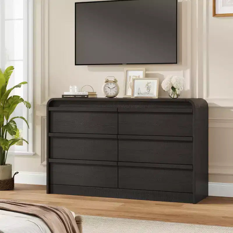 Arched 6 Drawer Dresser for Bedroom, 47in Wide Wooden 6 Chest of Drawers with Curved Design, Modern Closet Storage Cabinet for Living Room, Nursery