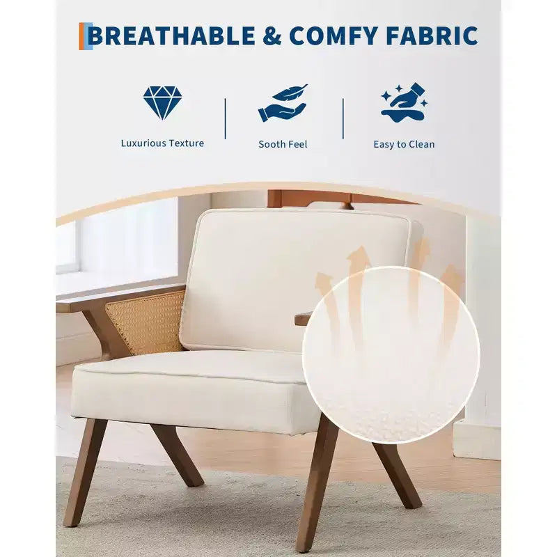 Linen Upholstered Accent Chair, Mid Century Modern Vintage Rattan Vanity Chair with Wood Armrest and Legs for Living Room Bedroom