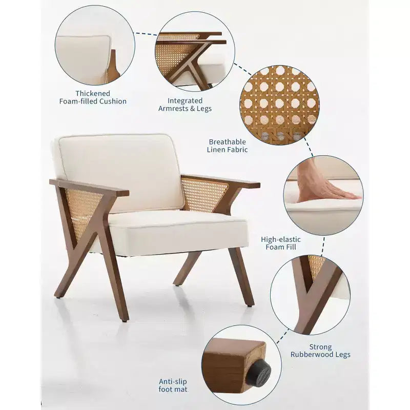 Linen Upholstered Accent Chair, Mid Century Modern Vintage Rattan Vanity Chair with Wood Armrest and Legs for Living Room Bedroom
