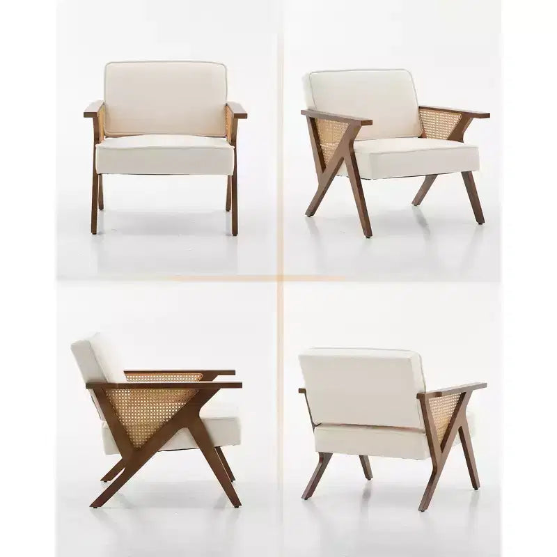 Linen Upholstered Accent Chair, Mid Century Modern Vintage Rattan Vanity Chair with Wood Armrest and Legs for Living Room Bedroom