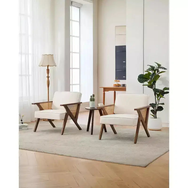 Linen Upholstered Accent Chair, Mid Century Modern Vintage Rattan Vanity Chair with Wood Armrest and Legs for Living Room Bedroom