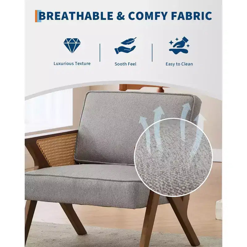 Linen Upholstered Accent Chair, Mid Century Modern Vintage Rattan Vanity Chair with Wood Armrest and Legs for Living Room Bedroom