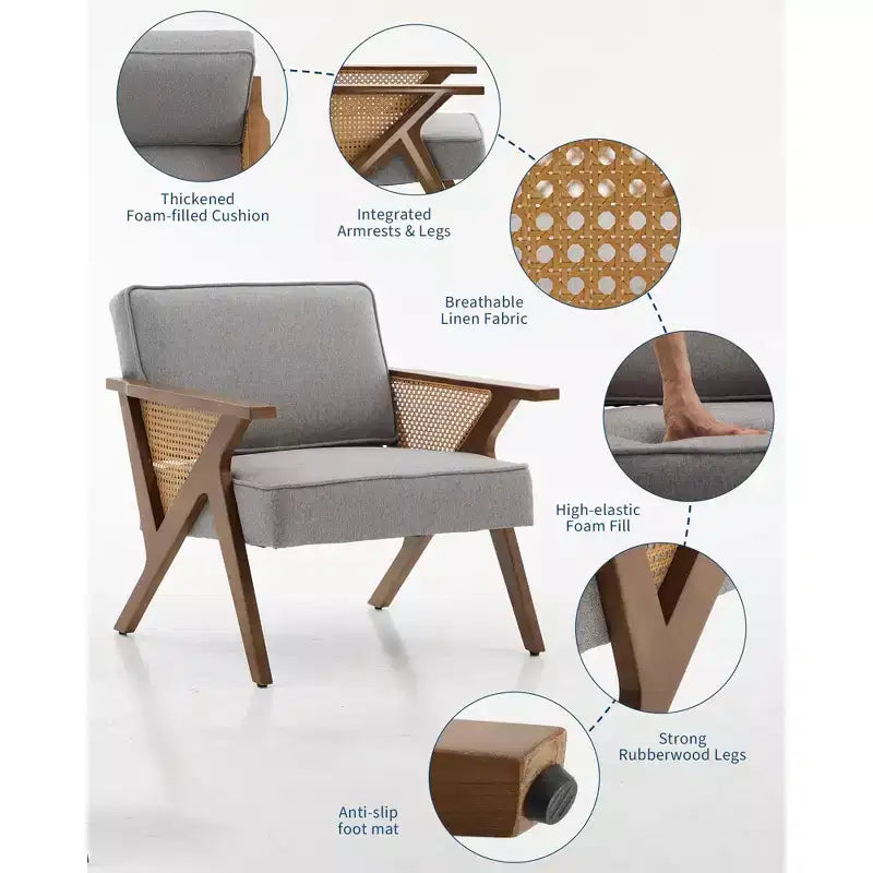 Linen Upholstered Accent Chair, Mid Century Modern Vintage Rattan Vanity Chair with Wood Armrest and Legs for Living Room Bedroom
