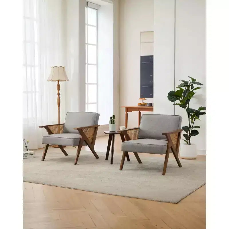 Linen Upholstered Accent Chair, Mid Century Modern Vintage Rattan Vanity Chair with Wood Armrest and Legs for Living Room Bedroom