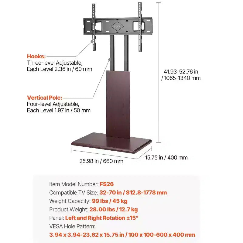 Universal TV Stand for 3270 Inch TVs, Table Top Swivel & Height Adjustable Mount, Holds 99 lbs, VESA 600x400