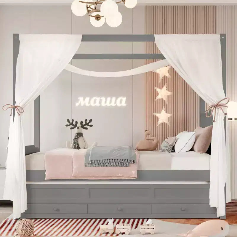 GDFStudio Zhiyuan Modern Wooden Canopy Bed with Linen Upholstered Headboard, Trundle and 3 Drawers