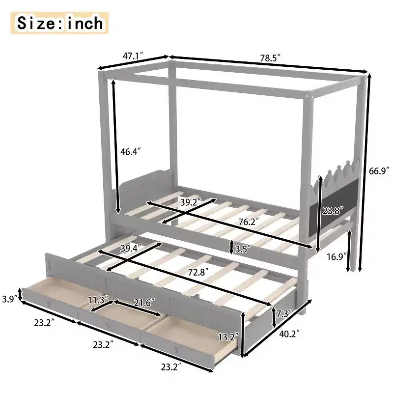 GDFStudio Zhiyuan Modern Wooden Canopy Bed with Linen Upholstered Headboard, Trundle and 3 Drawers