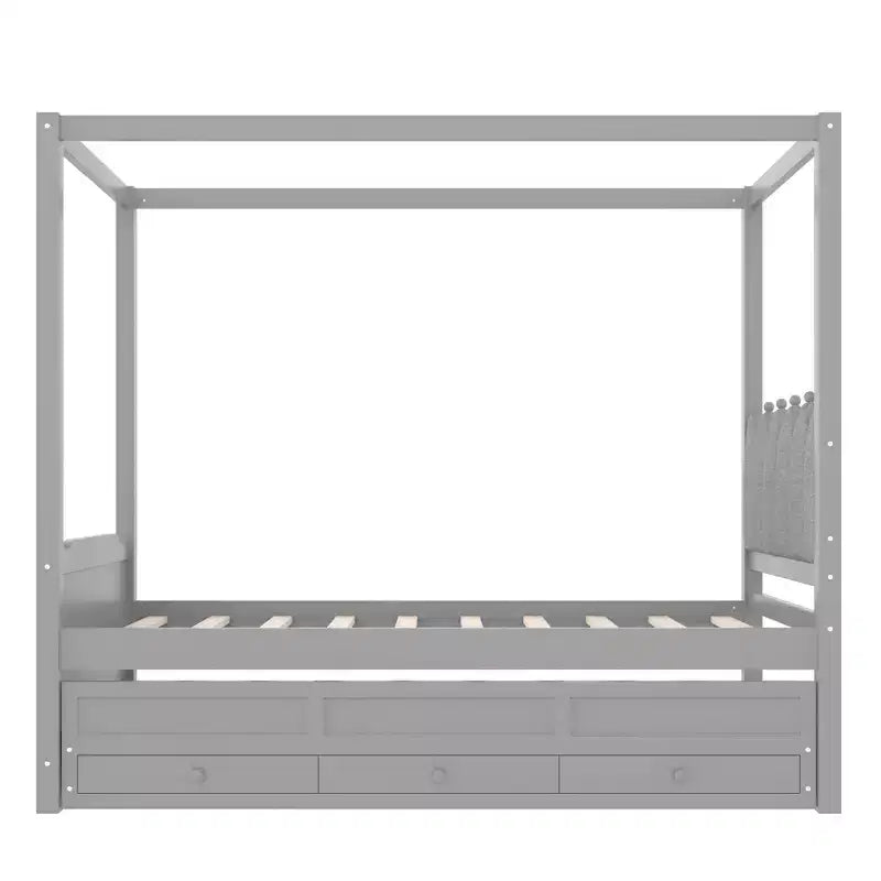 GDFStudio Zhiyuan Modern Wooden Canopy Bed with Linen Upholstered Headboard, Trundle and 3 Drawers