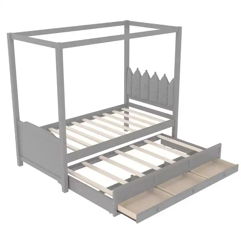 GDFStudio Zhiyuan Modern Wooden Canopy Bed with Linen Upholstered Headboard, Trundle and 3 Drawers