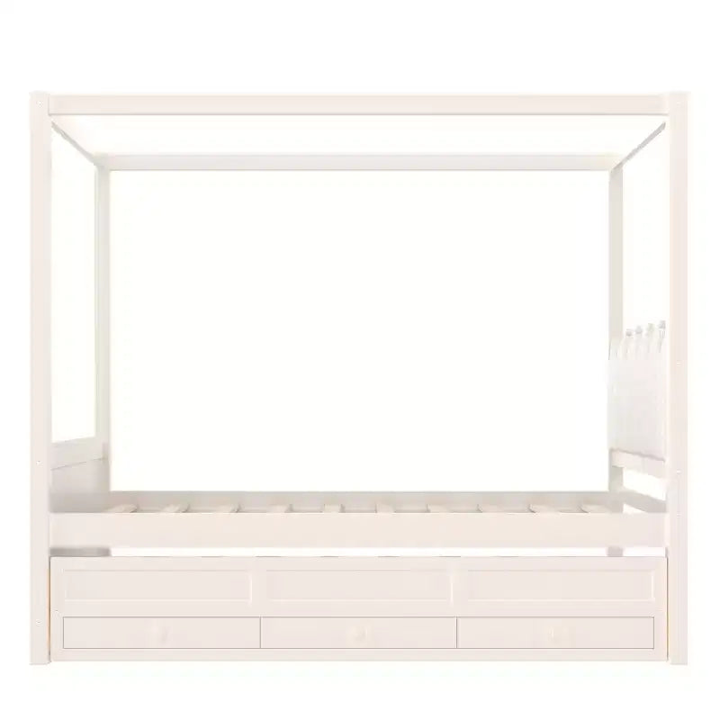 GDFStudio Zhiyuan Modern Wooden Canopy Bed with Linen Upholstered Headboard, Trundle and 3 Drawers