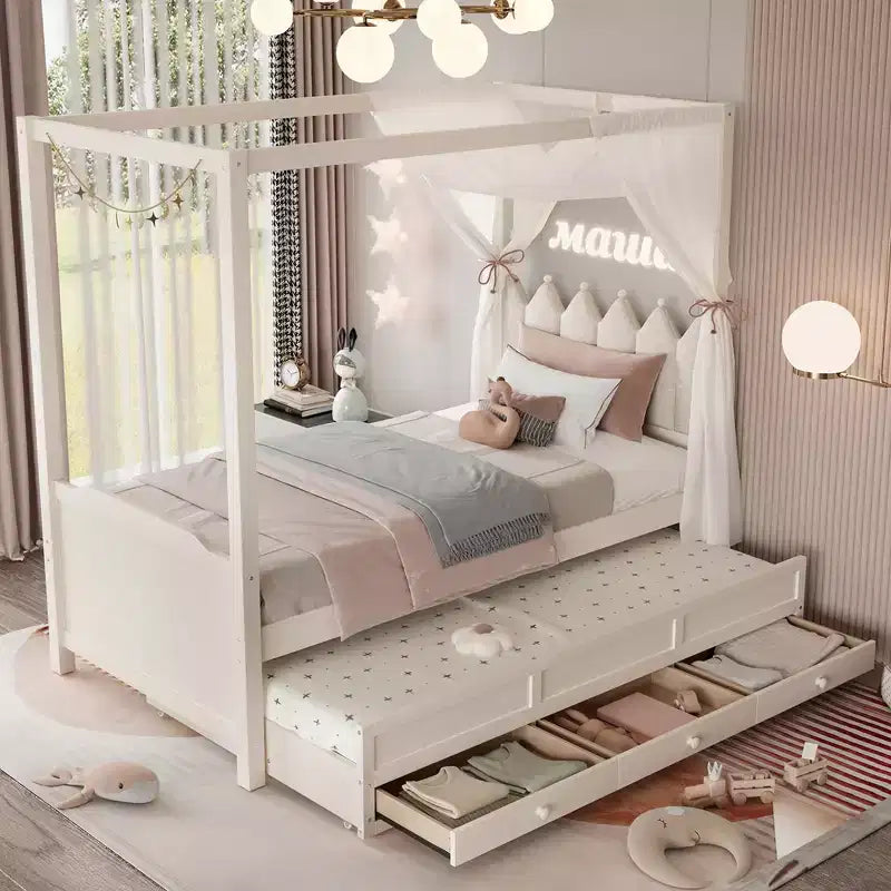 GDFStudio Zhiyuan Modern Wooden Canopy Bed with Linen Upholstered Headboard, Trundle and 3 Drawers
