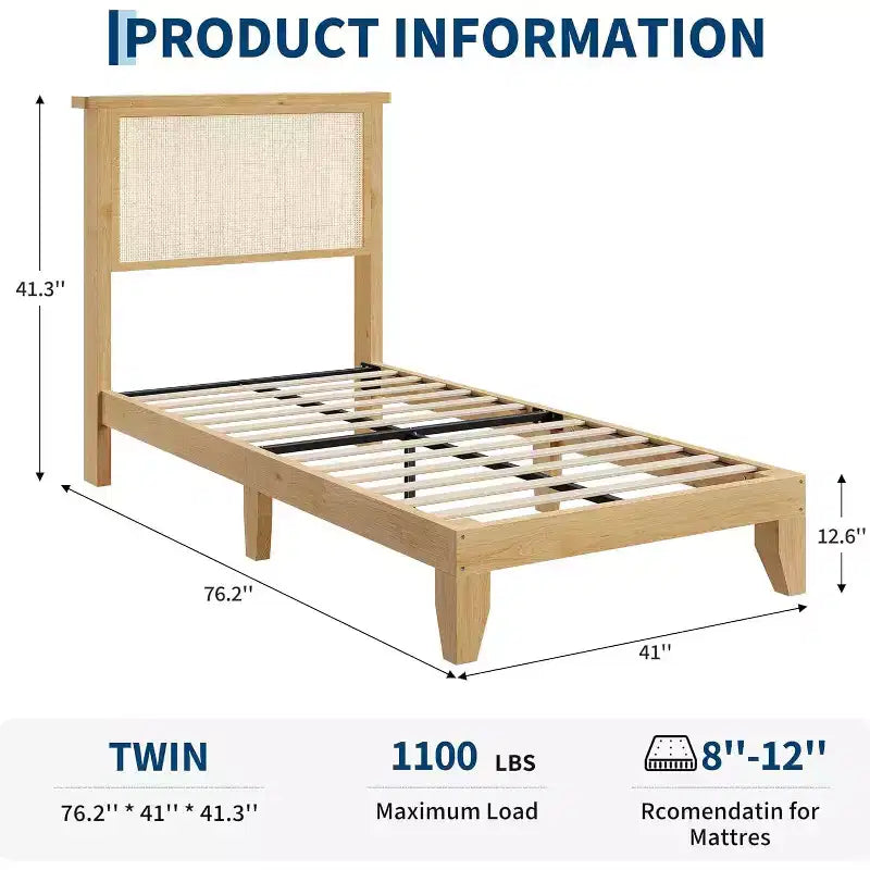 Rattan Bed Frame with Natural Rattan Headboard, Bohemian Rattan Bed Frame, Solid Wood Foundation, Silent Slats, No Box Spring Needed, Easy Assembly