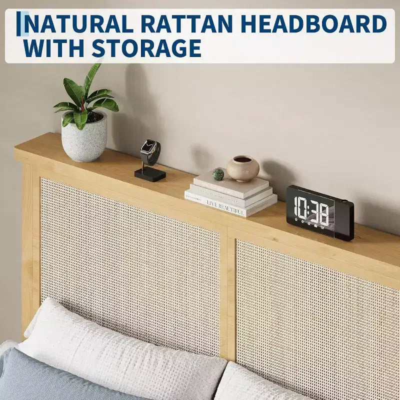 Rattan Bed Frame with Natural Rattan Headboard, Bohemian Rattan Bed Frame, Solid Wood Foundation, Silent Slats, No Box Spring Needed, Easy Assembly