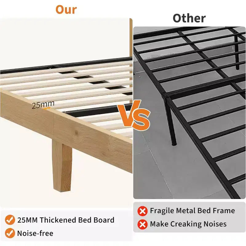Rattan Bed Frame with Natural Rattan Headboard, Bohemian Rattan Bed Frame, Solid Wood Foundation, Silent Slats, No Box Spring Needed, Easy Assembly