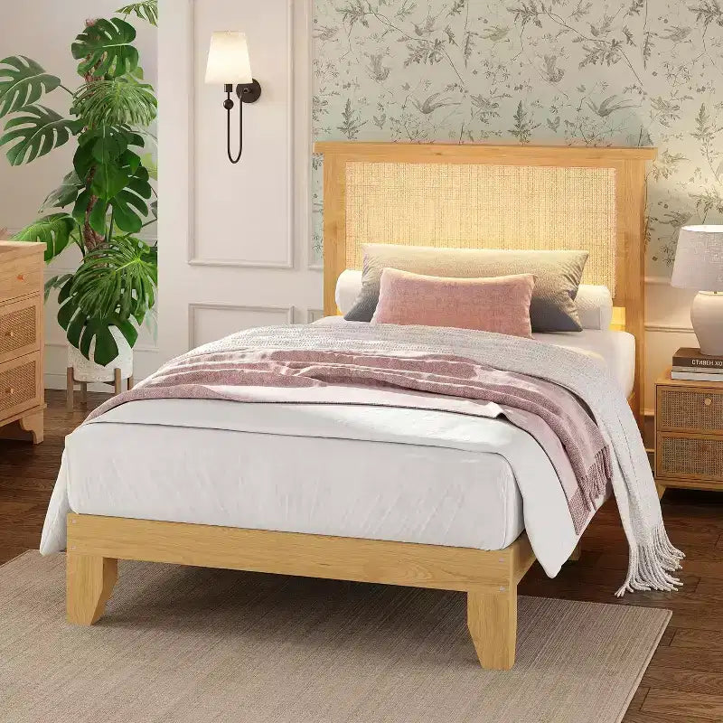 Rattan Bed Frame with Natural Rattan Headboard, Bohemian Rattan Bed Frame, Solid Wood Foundation, Silent Slats, No Box Spring Needed, Easy Assembly