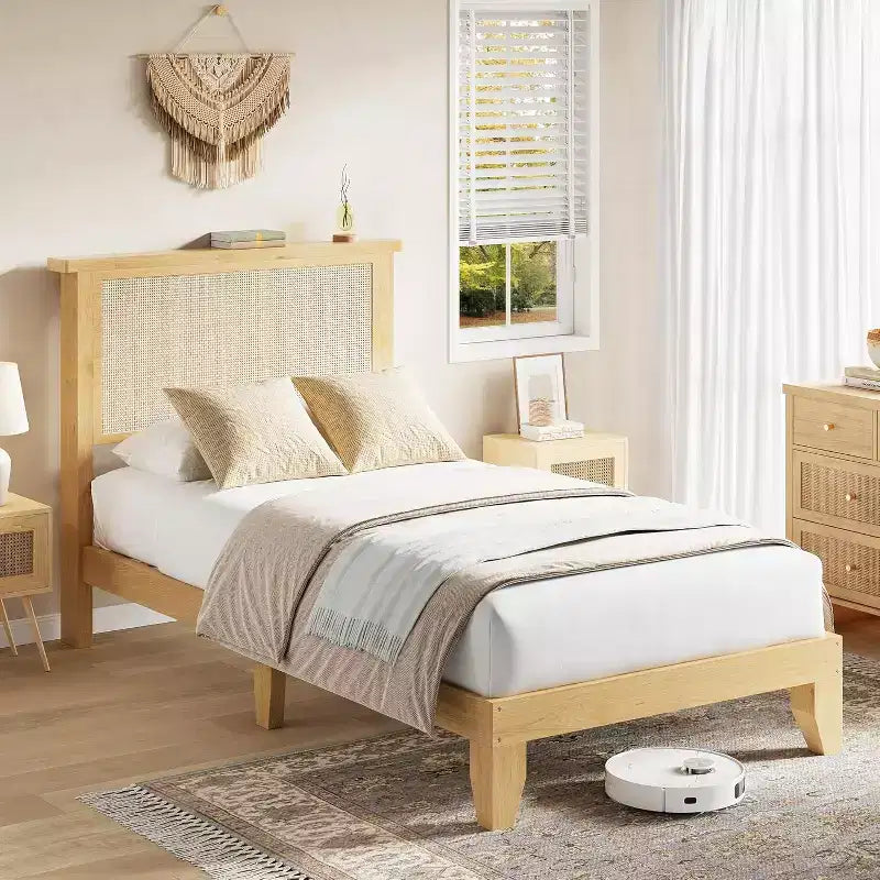 Rattan Bed Frame with Natural Rattan Headboard, Bohemian Rattan Bed Frame, Solid Wood Foundation, Silent Slats, No Box Spring Needed, Easy Assembly