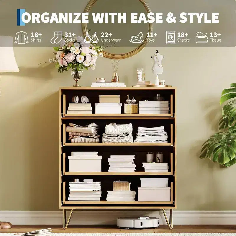 Fluted 4-Drawer Dresser for Bedroom, 32 Wide Modern Minimalist Chest of Wooden Drawers,Wide Clothes Storage Organizer,Closet Dresser