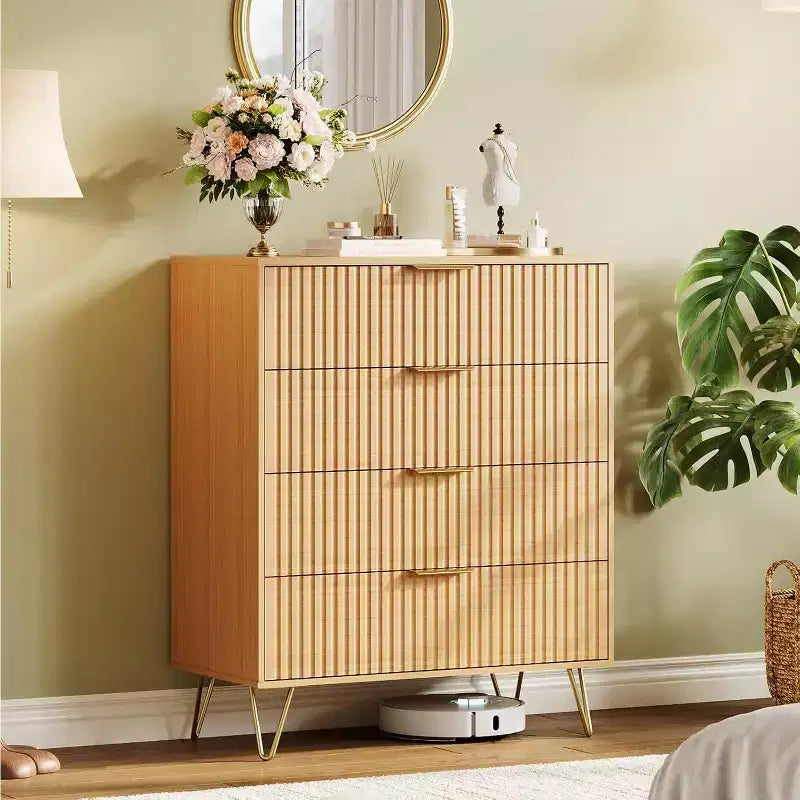 Fluted 4-Drawer Dresser for Bedroom, 32 Wide Modern Minimalist Chest of Wooden Drawers,Wide Clothes Storage Organizer,Closet Dresser