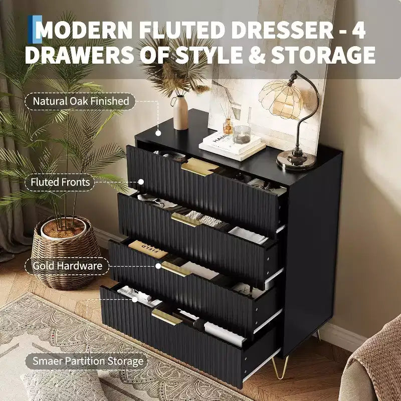 Fluted 4-Drawer Dresser for Bedroom, 32 Wide Modern Minimalist Chest of Wooden Drawers,Wide Clothes Storage Organizer,Closet Dresser