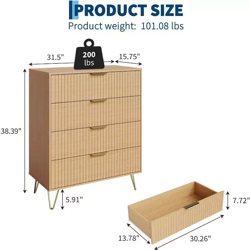 Fluted 4-Drawer Dresser for Bedroom, 32 Wide Modern Minimalist Chest of Wooden Drawers,Wide Clothes Storage Organizer,Closet Dresser