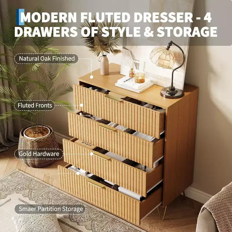 Fluted 4-Drawer Dresser for Bedroom, 32 Wide Modern Minimalist Chest of Wooden Drawers,Wide Clothes Storage Organizer,Closet Dresser