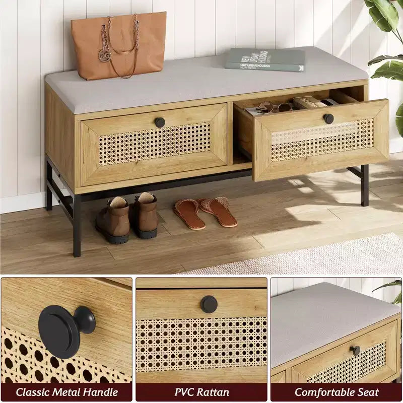 Shoe Bench Entryway - Farmhouse Rattan Bench with 2 Storage Drawers, Washable Cushion & Steel Frame, 330 Lbs Capacity Space