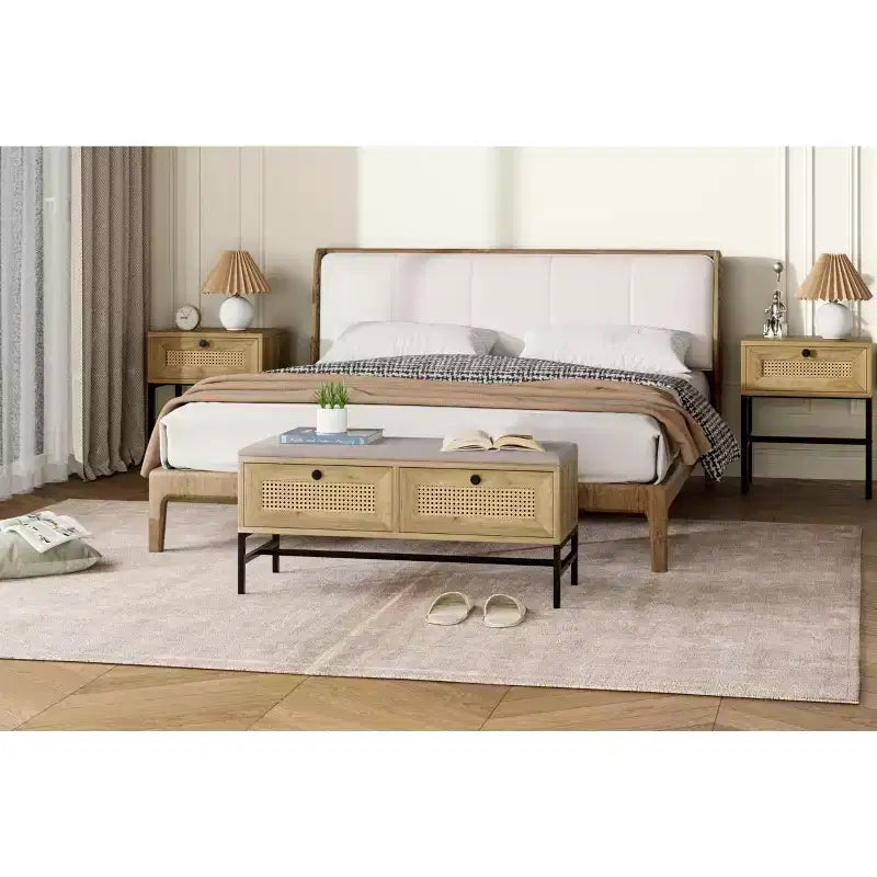 Shoe Bench Entryway - Farmhouse Rattan Bench with 2 Storage Drawers, Washable Cushion & Steel Frame, 330 Lbs Capacity Space